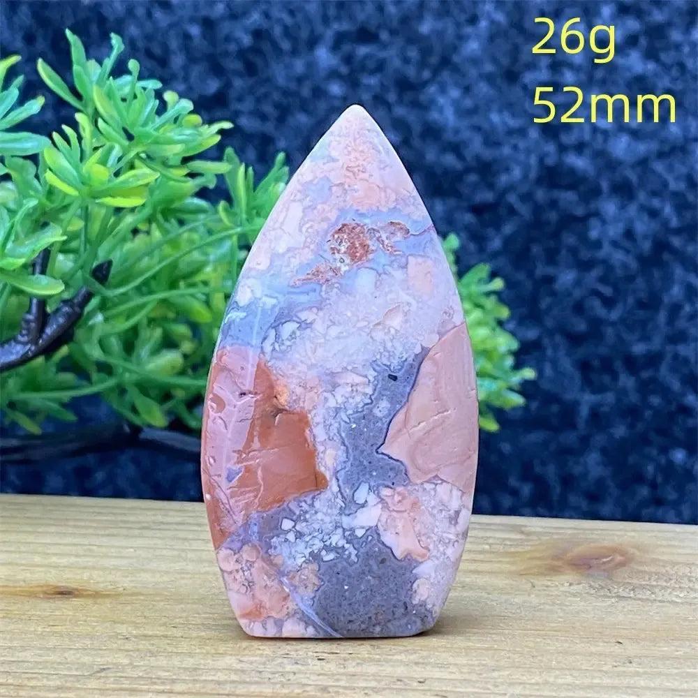 Hand-polished Pink Agate geode torch from Crystal Destiny, 52mm, 26g, showcasing blush, cream, and dusty rose bands.