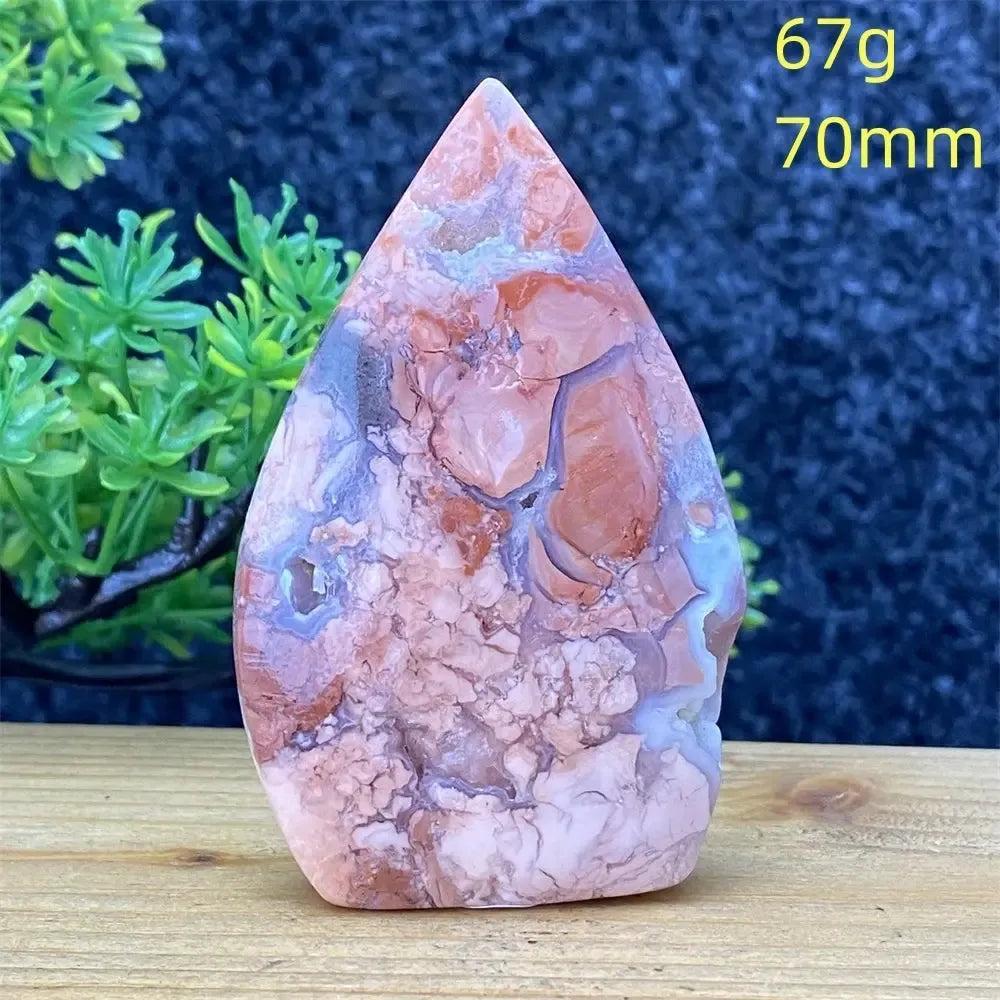 Hand-polished Pink Agate geode torch from Crystal Destiny, showcasing blush, cream, and dusty rose banding.