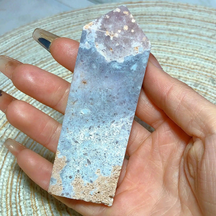 Hand-polished Pink Amethyst Druzy Tower with sparkling lavender quartz and white banding for heart-centered healing.