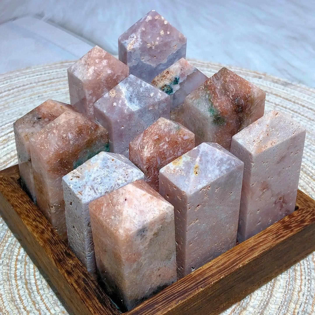 Hand-polished Pink Amethyst Druzy towers in soft lavender and pink hues, perfect for heart-centered meditation spaces.