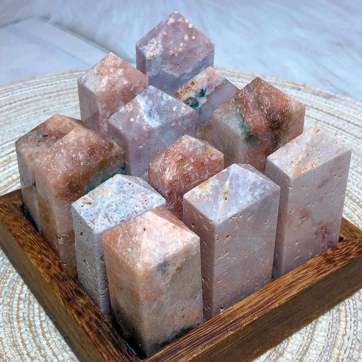 Hand-polished Pink Amethyst Druzy towers in soft lavender and pink hues, perfect for heart-centered meditation spaces.