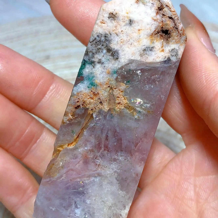 Hand-polished Pink Amethyst Druzy Tower with soft lavender quartz, white banding, and sparkling crystal pockets.