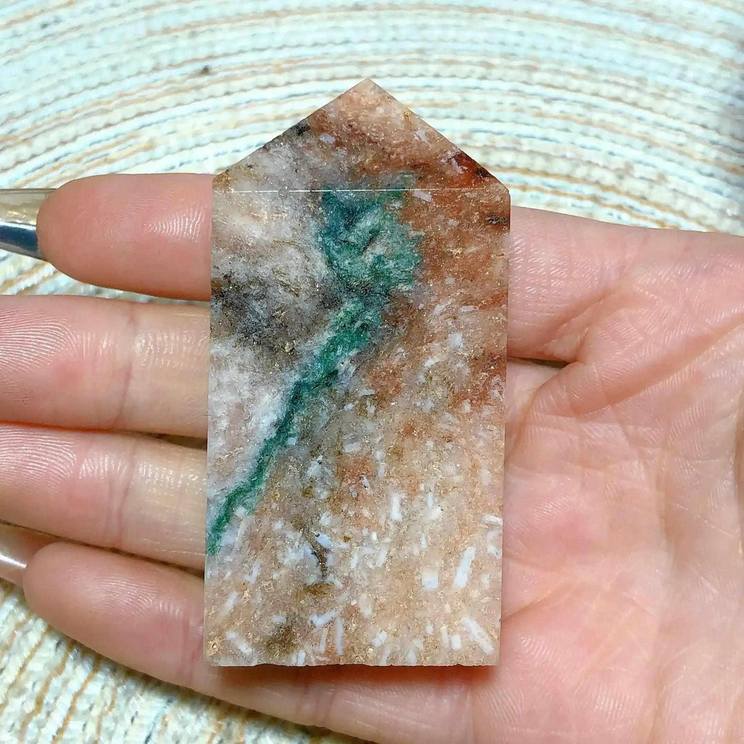 Hand-polished Pink Amethyst Druzy Tower with unique green inclusions, perfect for heart-centered peace and meditation.