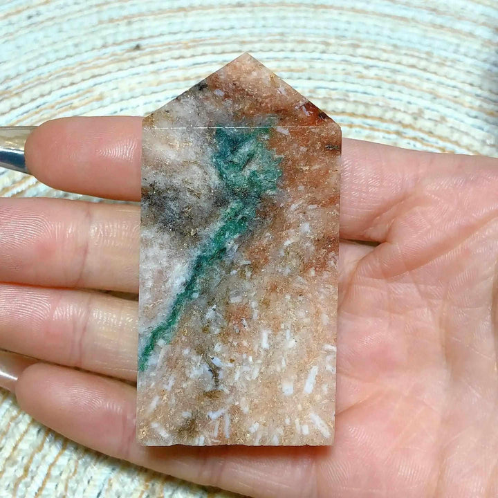 Hand-polished Pink Amethyst Druzy Tower with unique green inclusions, perfect for heart-centered peace and meditation.