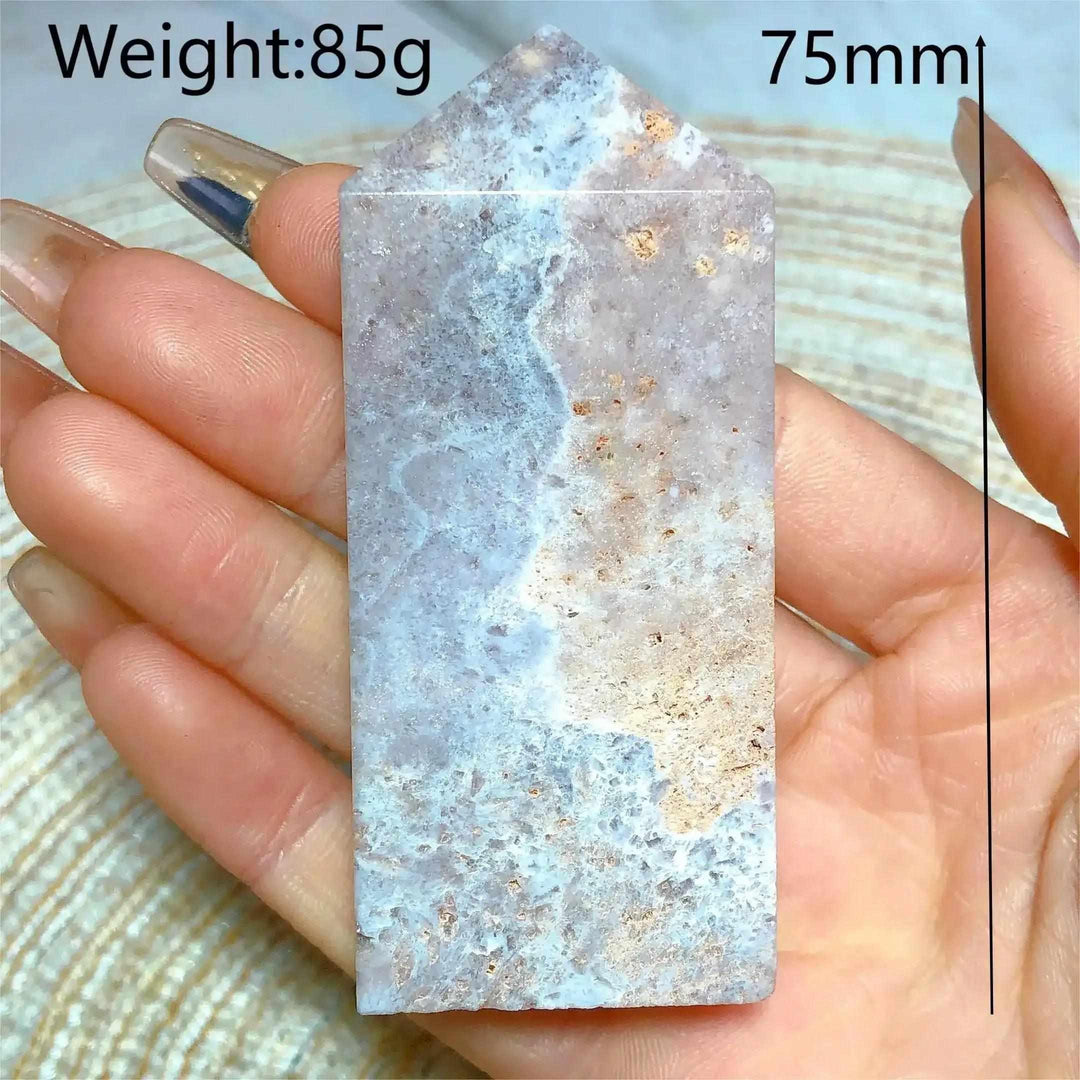 Hand-polished 75mm Pink Amethyst Druzy Tower featuring soft lavender quartz and sparkling crystals for heart-centered peace.