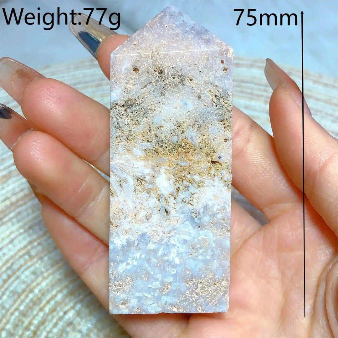 Hand-polished Pink Amethyst Druzy Tower, 75mm, featuring soft lavender quartz and sparkling crystal pockets for peace.