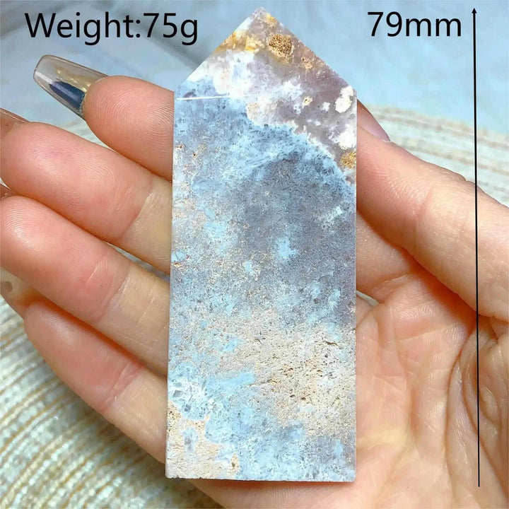 Hand-polished Pink Amethyst Druzy Tower with soft lavender quartz, white banding, and sparkling crystal pockets.