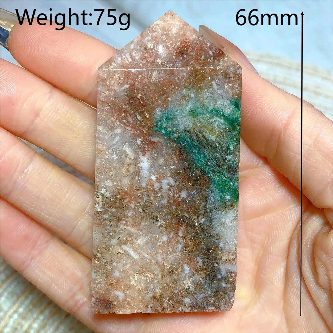 Hand-held 66mm Pink Amethyst Druzy Tower with sparkling crystals and unique green inclusions for heart-centered peace.