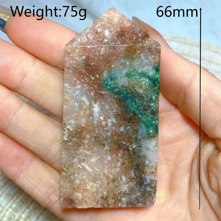 Hand-held 66mm Pink Amethyst Druzy Tower with sparkling crystals and unique green inclusions for heart-centered peace.