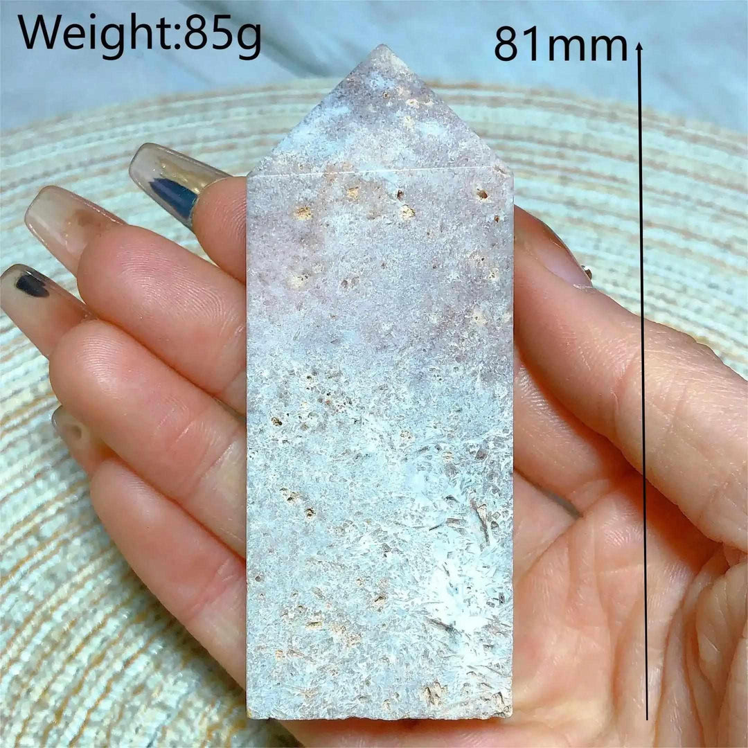 Hand-held 81mm Pink Amethyst Druzy Tower with soft lavender quartz, sparkling crystal pockets, and a faceted point.