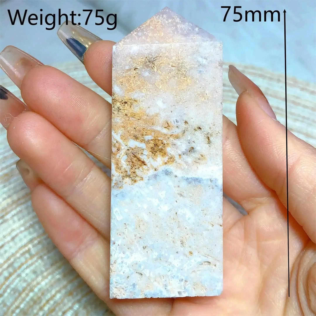 Hand-polished Pink Amethyst Druzy Tower with soft lavender quartz, white banding, and sparkling crystal pockets.