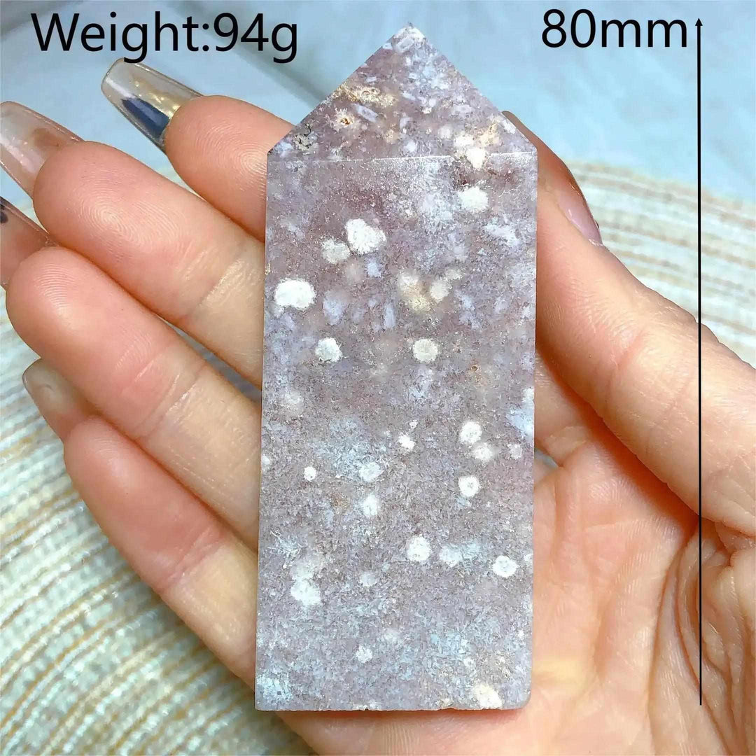 Hand-polished 80mm Pink Amethyst Druzy Tower with soft lavender quartz, white banding, and sparkling crystal pockets.