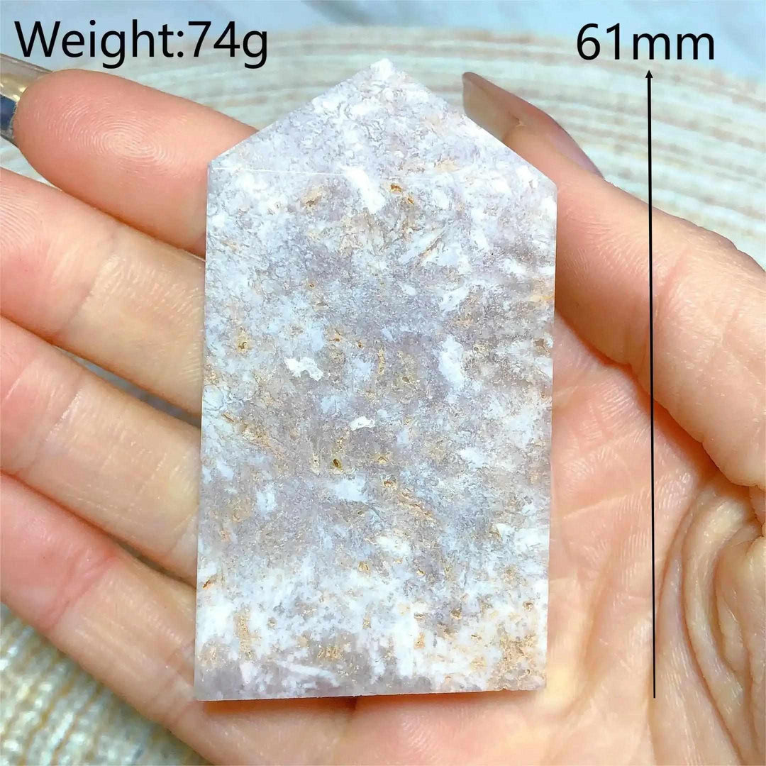 Hand-polished Pink Amethyst Druzy Tower with soft lavender quartz, white banding, and sparkling crystal pockets.