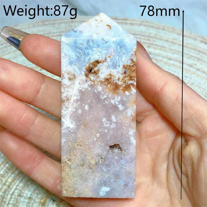 Hand-polished Pink Amethyst Druzy Tower with soft lavender quartz, white banding, and sparkling crystal pockets.