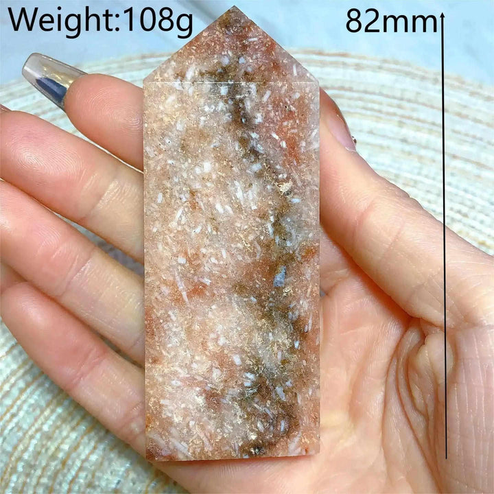 Hand-polished Pink Amethyst Druzy Tower with sparkling quartz, white banding, and a faceted point for heart-centered peace.