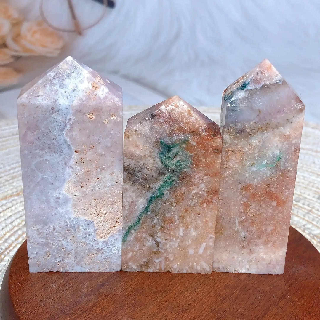 Three Pink Amethyst Druzy Towers with sparkling quartz, white banding, and soft lavender hues for heart-centered healing.