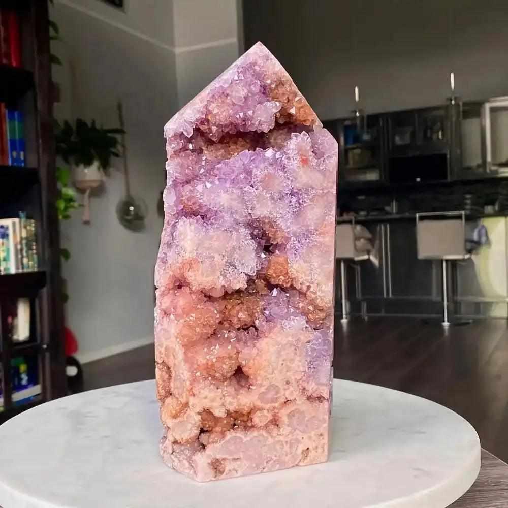 Hand-polished Pink Amethyst tower with lavender quartz crystals and white banding for heart-centered peace and meditation.
