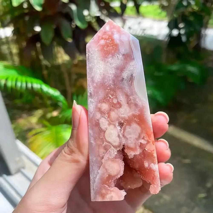 Hand-polished Pink Amethyst tower with soft lavender quartz, white banding, and a faceted point for heart-centered healing.