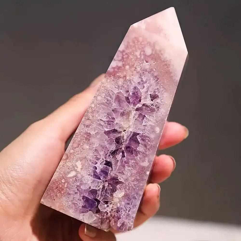 Hand-polished Pink Amethyst tower with deep purple quartz clusters, white banding, and a faceted point for heart healing.