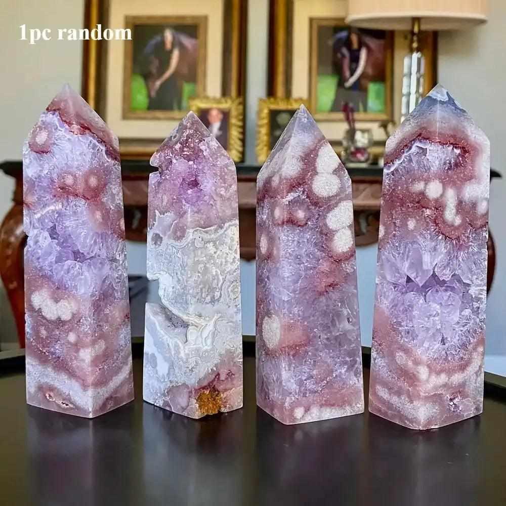 Hand-polished Pink Amethyst tower with soft lavender and pink quartz, featuring natural white banding and a faceted point.
