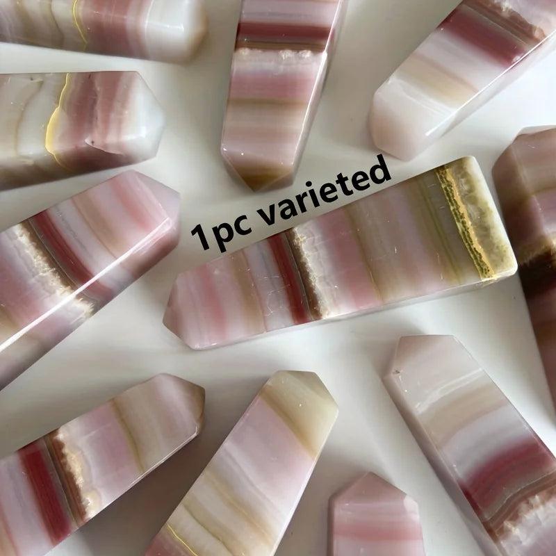 Pink Banded Calcite Crystal Tower with soothing pink and peach layers for heart healing.