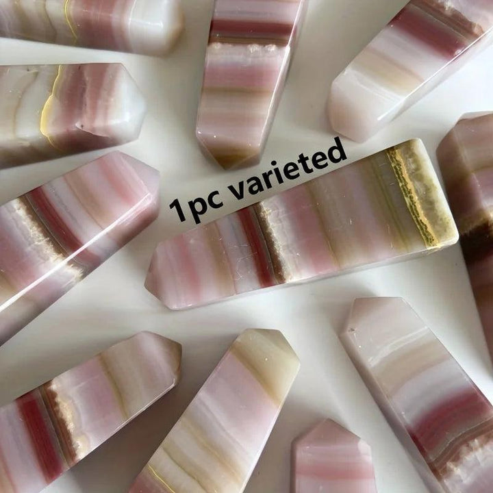 Pink Banded Calcite Crystal Tower with soothing pink and peach layers for heart healing.