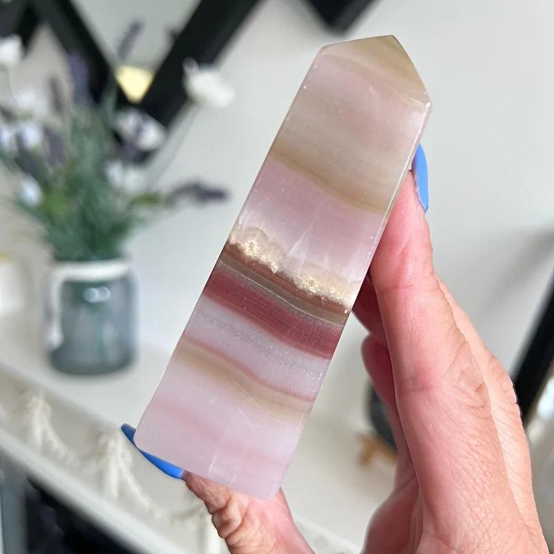 Pink Banded Calcite Crystal Tower with soothing pink, peach, and beige layers for heart healing.