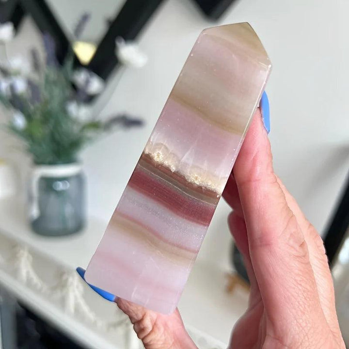 Pink Banded Calcite Crystal Tower with soothing pink, peach, and beige layers for heart healing.