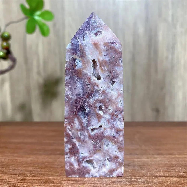 Pink Druzy Fluorite Crystal Tower from Crystal Destiny, showcasing blush pinks, deep purples, and a sparkling druzy surface.