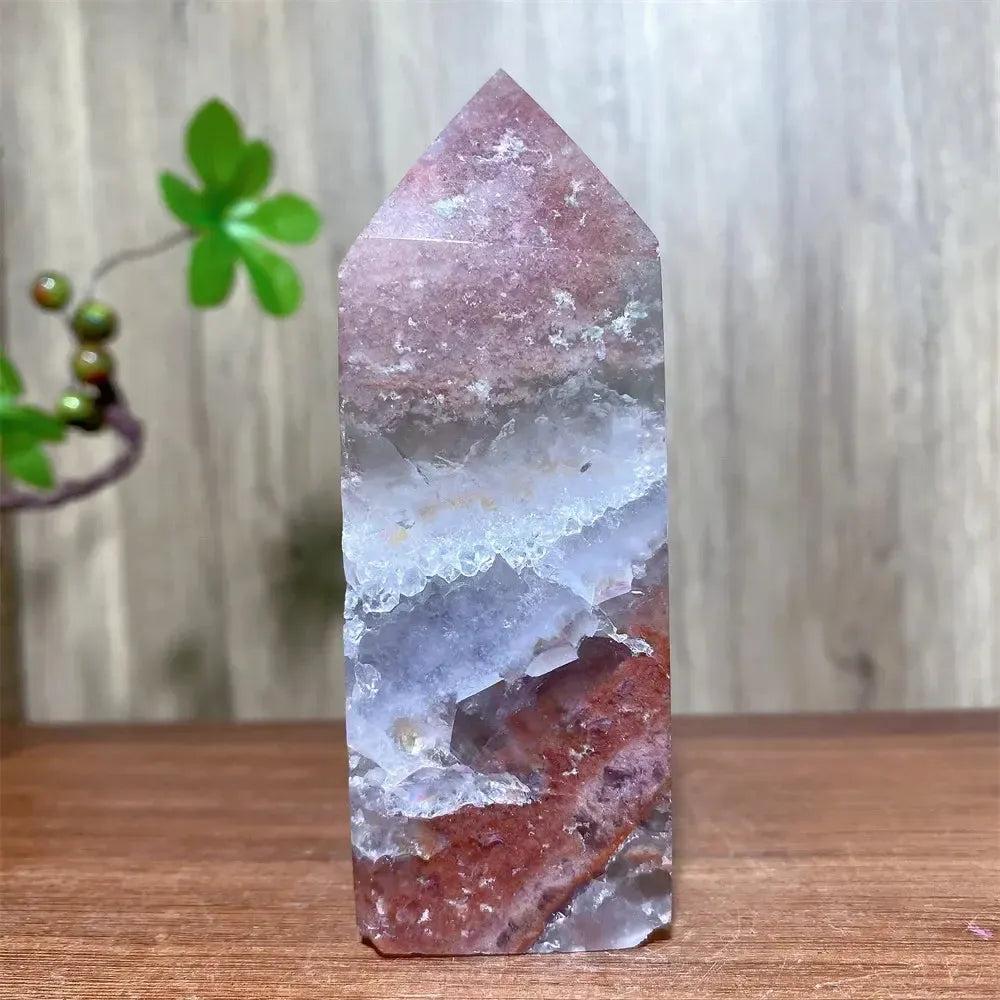 Pink Druzy Fluorite Crystal Tower from Crystal Destiny, showcasing blush pinks, purples, and sparkling druzy.