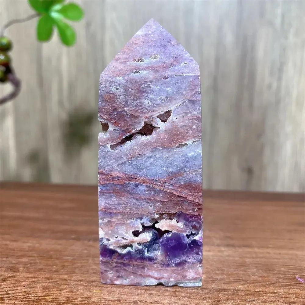 Pink Druzy Fluorite Crystal Tower from Crystal Destiny, showcasing blush pinks, deep purples, and sparkling druzy.