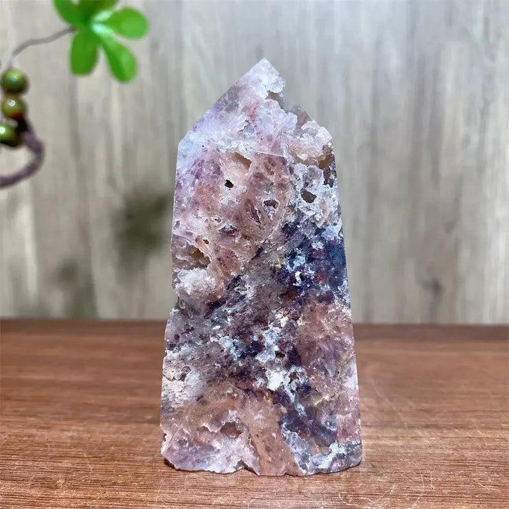 Pink Druzy Fluorite Crystal Tower from Crystal Destiny, showcasing blush pinks, purples, and a sparkling druzy surface.