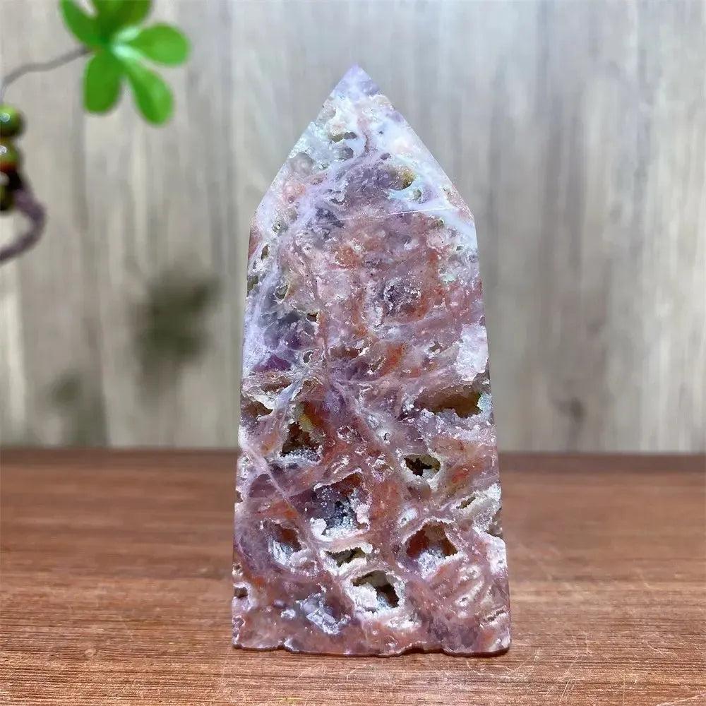 Pink Druzy Fluorite Crystal Tower from Crystal Destiny, showcasing soft pinks, purples, and a sparkling druzy surface.