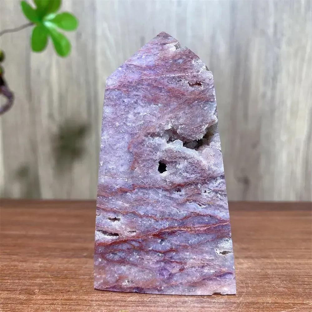 Pink Druzy Fluorite Crystal Tower from Crystal Destiny, showcasing soft pinks, purples, and sparkling druzy.