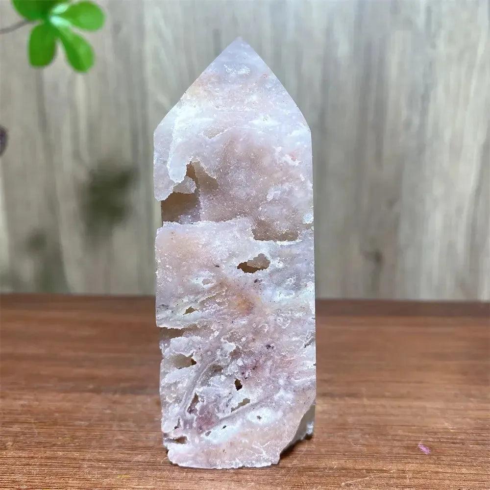 Pink Druzy Fluorite Crystal Tower from Crystal Destiny, showcasing soft pinks, purples, and a sparkling druzy surface.