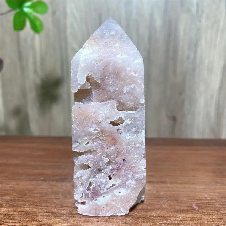 Pink Druzy Fluorite Crystal Tower from Crystal Destiny, showcasing soft pinks, purples, and a sparkling druzy surface.