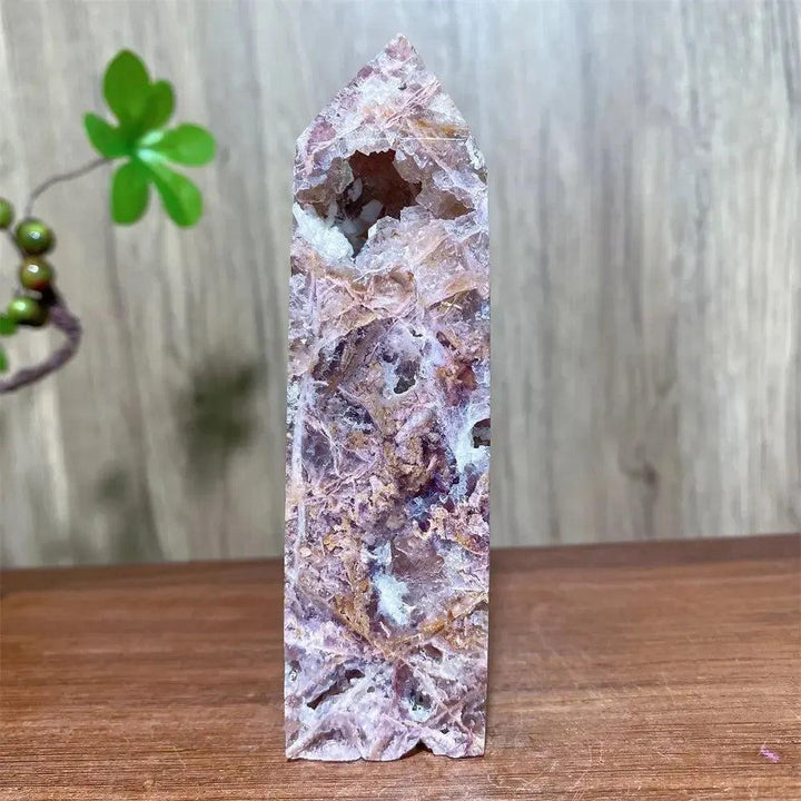 Pink Druzy Fluorite Crystal Tower from Crystal Destiny, showcasing blush pinks, purples, and sparkling druzy.