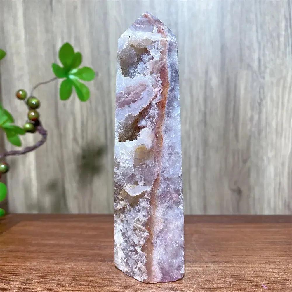 Pink Druzy Fluorite Crystal Tower from Crystal Destiny, showcasing soft pinks, purples, and sparkling druzy.