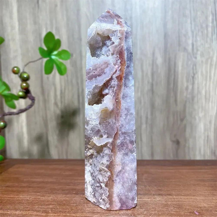 Pink Druzy Fluorite Crystal Tower from Crystal Destiny, showcasing soft pinks, purples, and sparkling druzy.