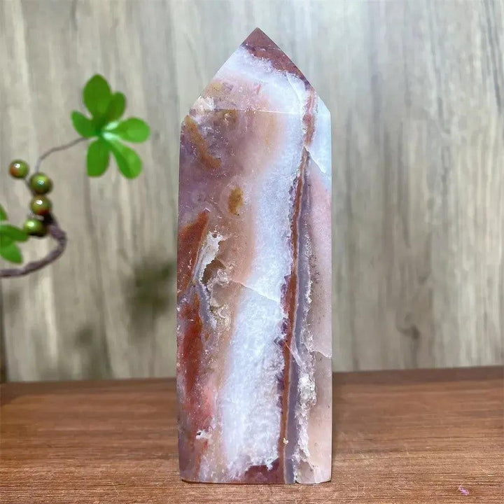 Pink Druzy Fluorite Crystal Tower from Crystal Destiny, showcasing blush pink, purple, and white hues.