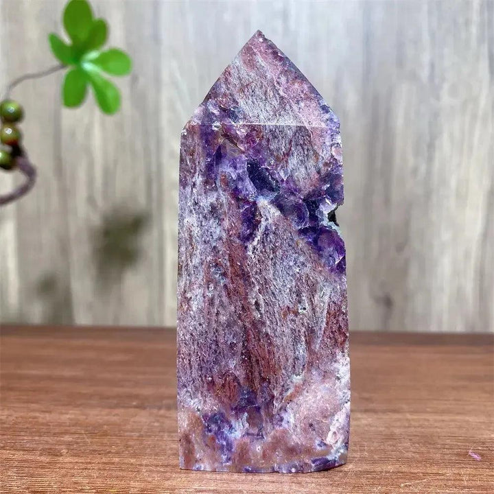Pink Druzy Fluorite Crystal Tower from Crystal Destiny, showcasing soft pinks, deep purples, and a sparkling druzy surface.
