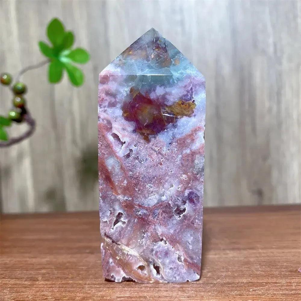 Pink Druzy Fluorite Crystal Tower from Crystal Destiny, showcasing blush pinks, purples, and a sparkling druzy surface.