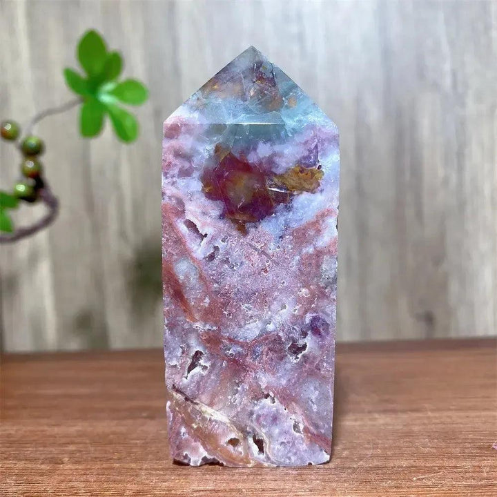 Pink Druzy Fluorite Crystal Tower from Crystal Destiny, showcasing blush pinks, purples, and a sparkling druzy surface.