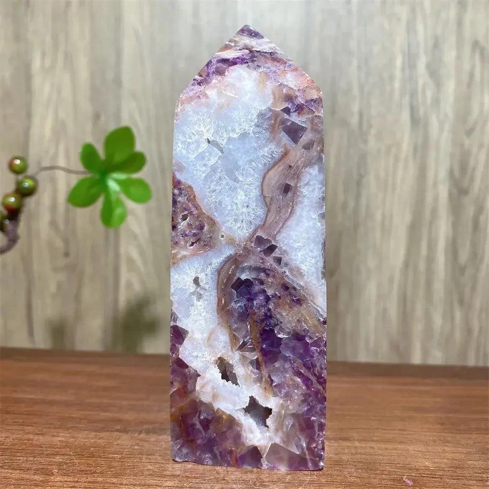 Pink Druzy Fluorite Crystal Tower from Crystal Destiny, showcasing blush pinks, deep purples, and sparkling druzy.