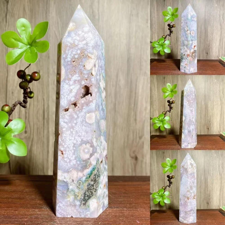 Pink Flower Agate Crystal Druzy Geode Tower with dreamy floral inclusions for growth and new beginnings.
