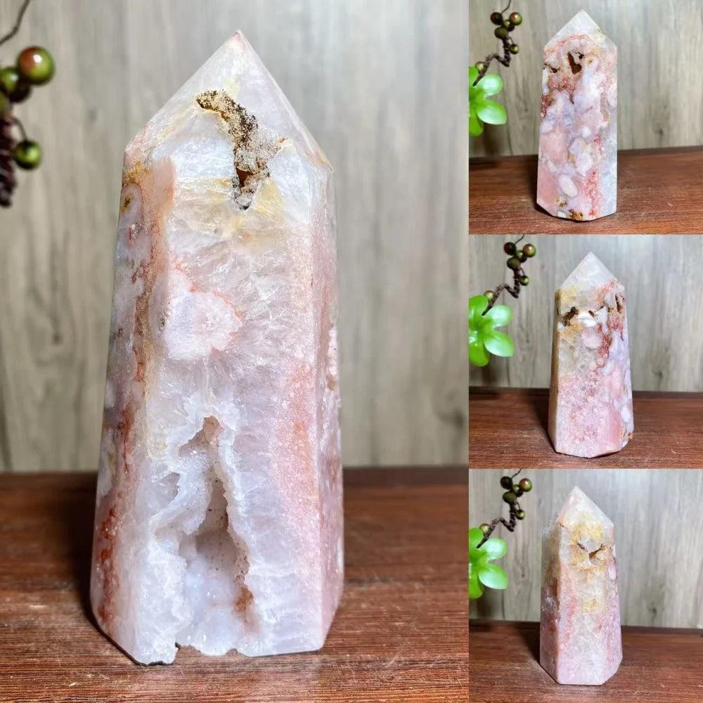 Pink Flower Agate Crystal Druzy Geode Tower: Blush floral inclusions, druzy pockets, natural hexagonal point.