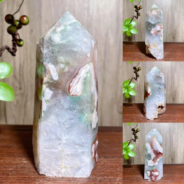 Pink Flower Agate Crystal Druzy Geode Tower with dreamy floral inclusions for growth and new beginnings.
