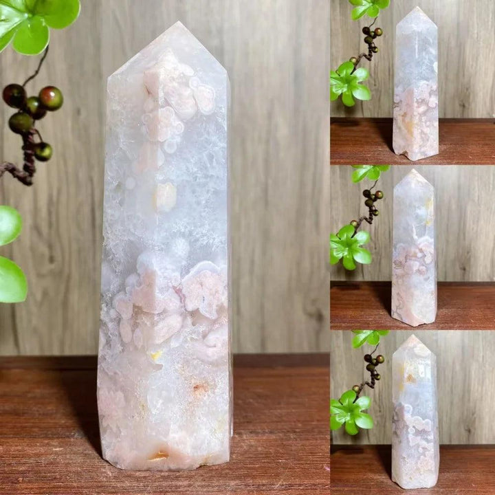 Pink Flower Agate Crystal Druzy Geode Tower with dreamy floral inclusions for growth and new beginnings.