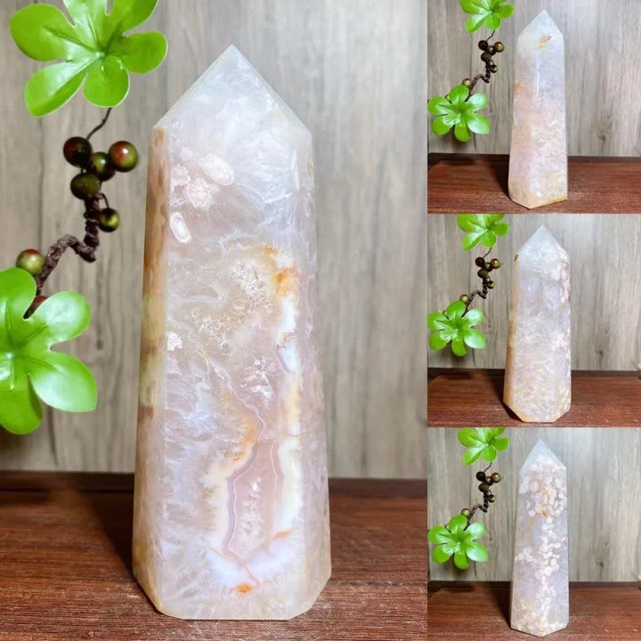 Pink Flower Agate Crystal Druzy Geode Tower with dreamy floral inclusions, perfect for growth and new beginnings.