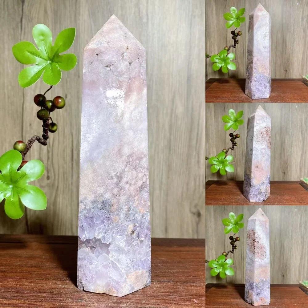 Pink Flower Agate Crystal Druzy Geode Tower, a natural obelisk with soft blush tones and floral inclusions.